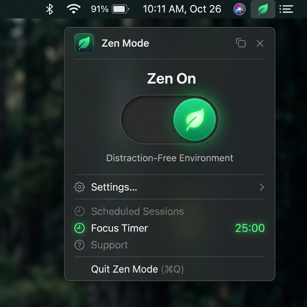 ZenSpace App — Zen Mode activated with glowing emerald green toggle