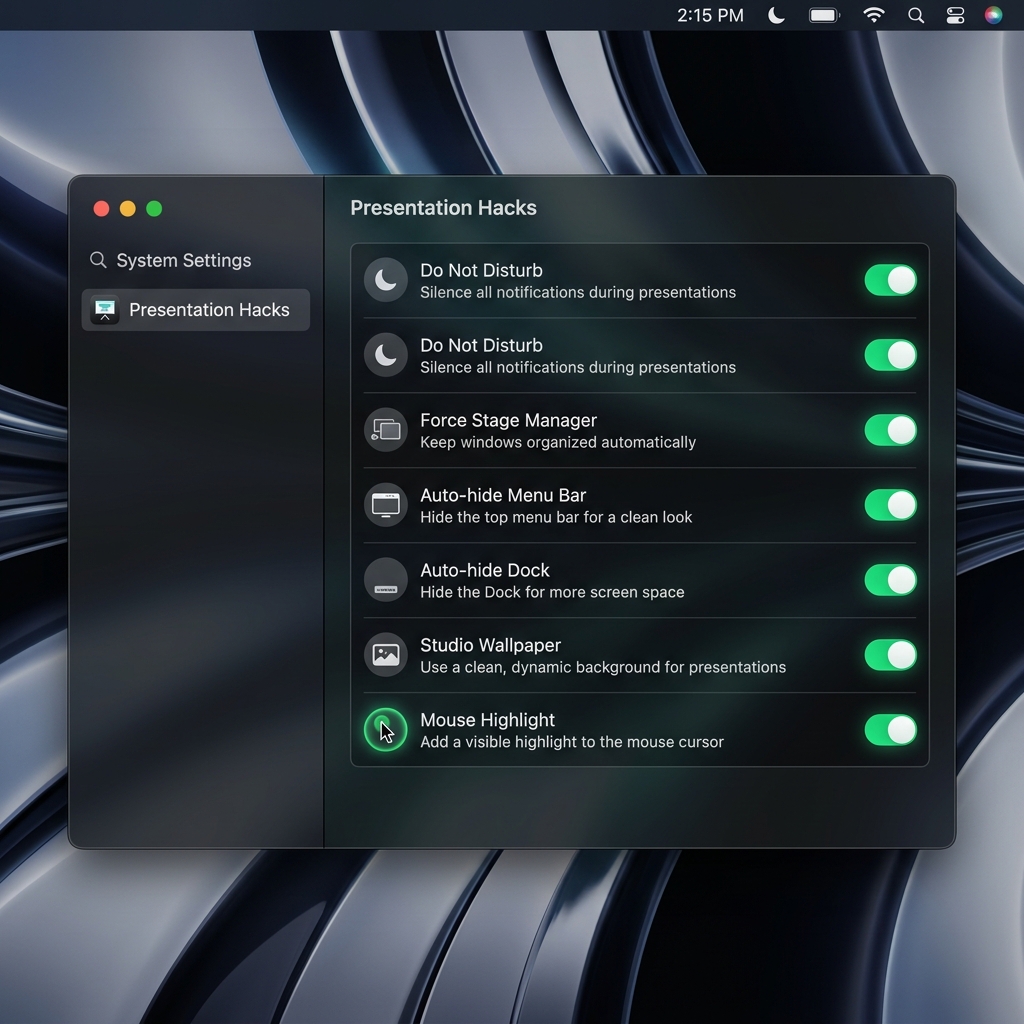 ZenSpace Settings panel showing Presentation Hacks